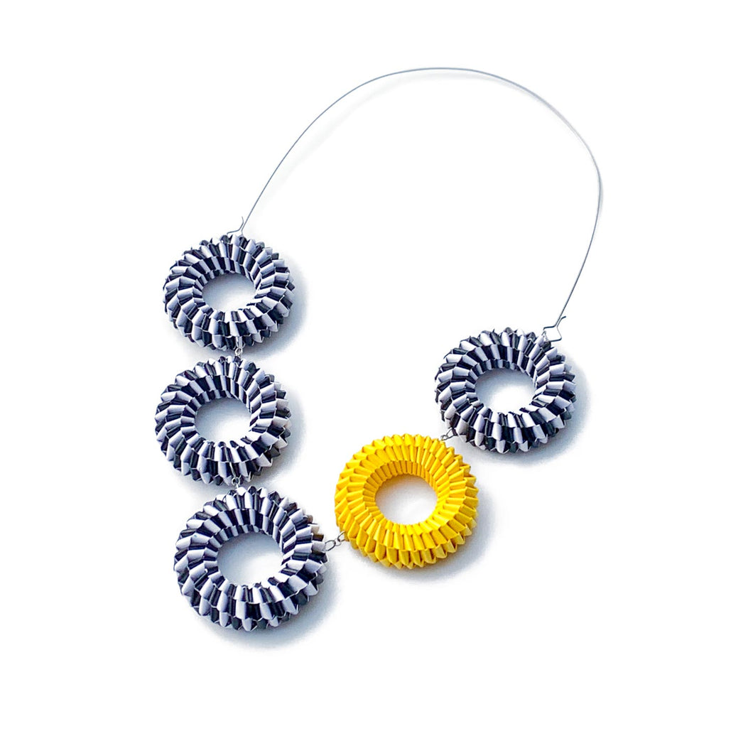 Black and White and Yellow Five Circles Necklace